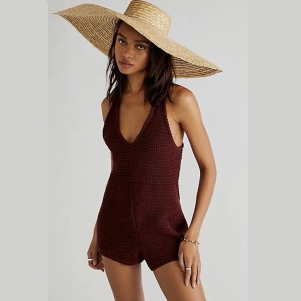free people fp beach clear skies sweater romper wine Small NWOT